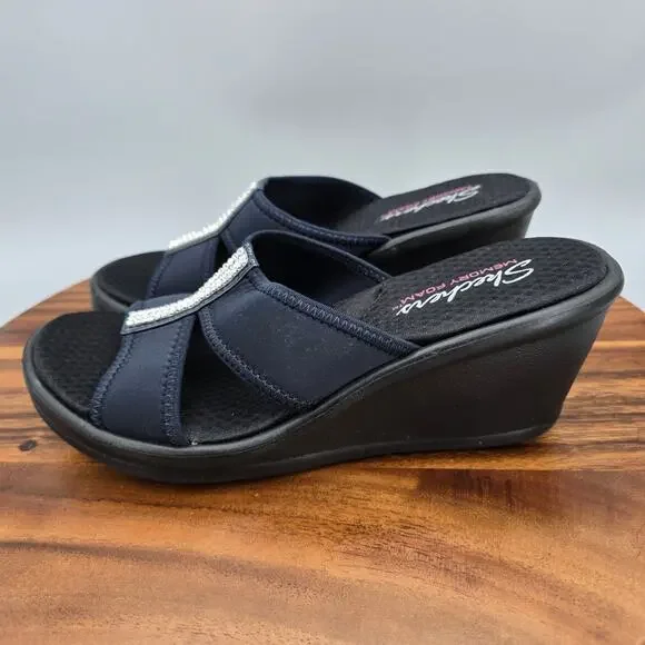 Skechers Sandals Womens 9 Black Dark Navy Rhinestones Rumblers Comfort Wedge - Picture 3 of 7